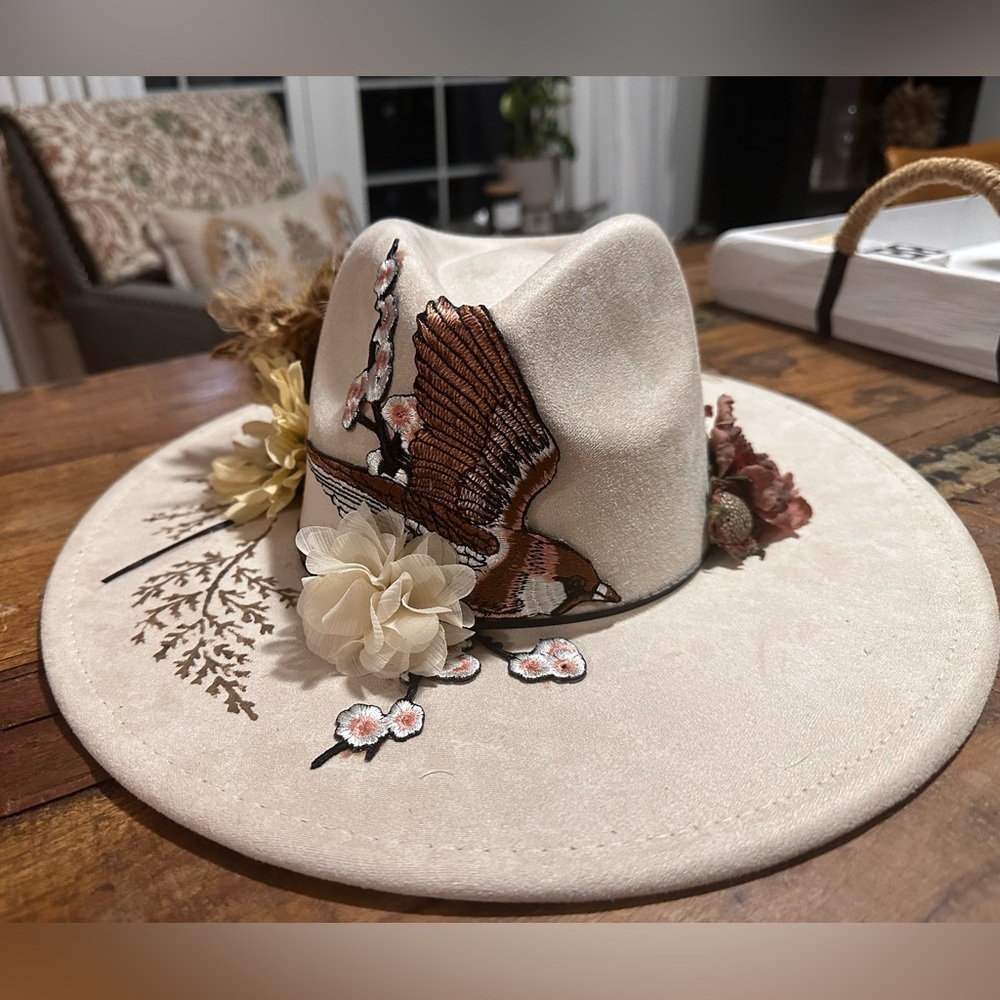 Custom Designed Cream Cowgirl Hat with Floral and Bird Designs